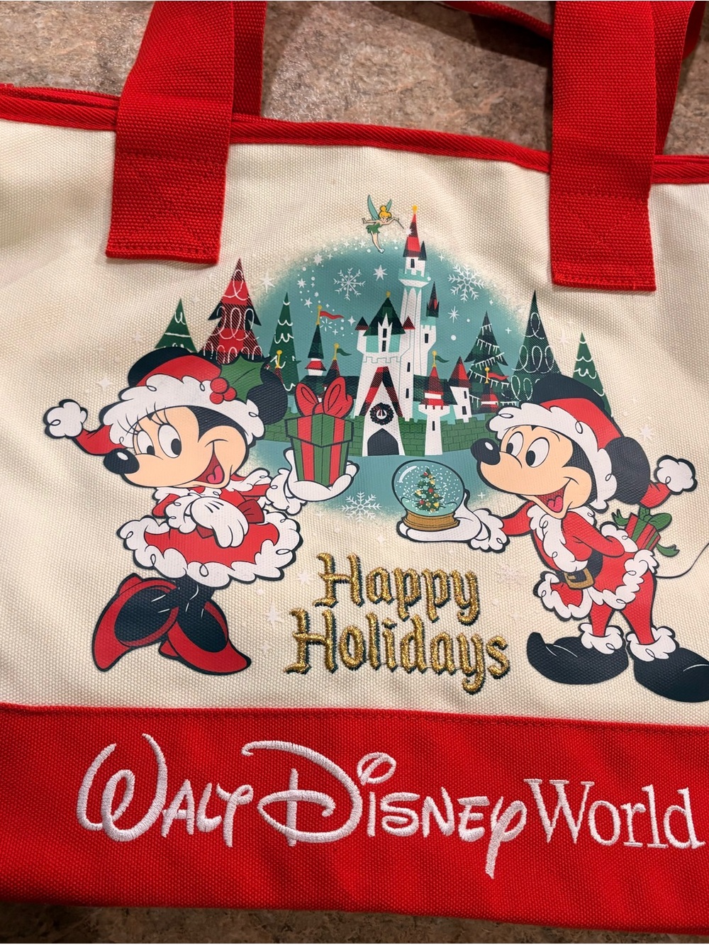 Disney Cream & Red Holiday Mickey Minnie Tote 2025
